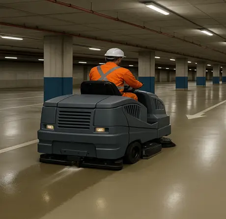 Maintenance worker operating a large ride-on floor scrubber to clean an underground parking garage, part of Clean Sweep Parking Lot Solutions' professional scrubbing services.