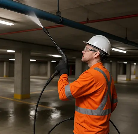 Maintenance worker wearing PPE power washing overhead pipes in a parking garage, part of Clean Sweep Parking Lot Solutions' facility cleaning services.