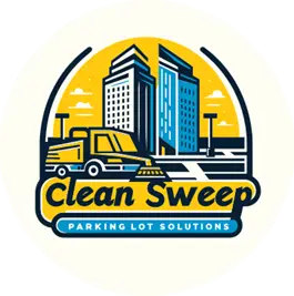 Clean Sweep Parking Lot Solutions logo featuring a sweeper truck in front of two commercial buildings, symbolizing professional parking lot and facility cleaning services.