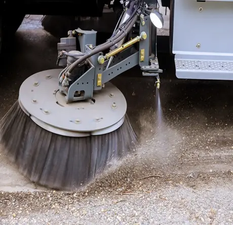 Industrial sweeper cleaning parking lot surfaces, part of Clean Sweep Parking Lot Solutions' power sweeping services.