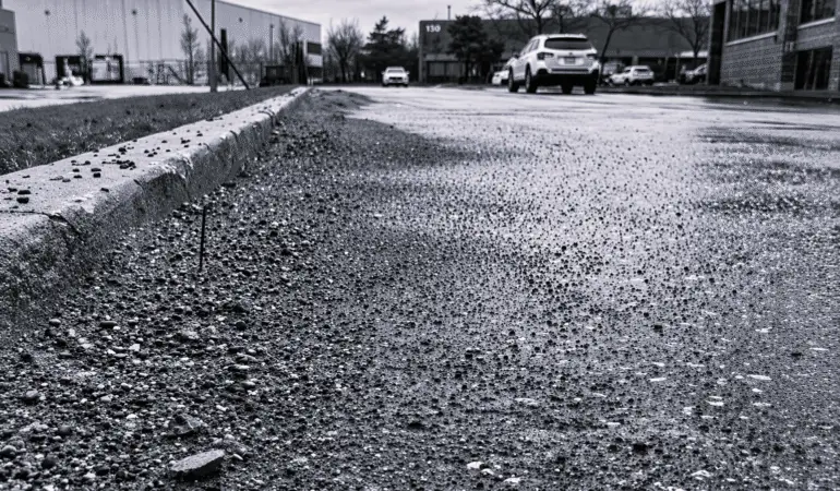 Sand buildup along parking lot curb after winter in Durham Region showing debris accumulation